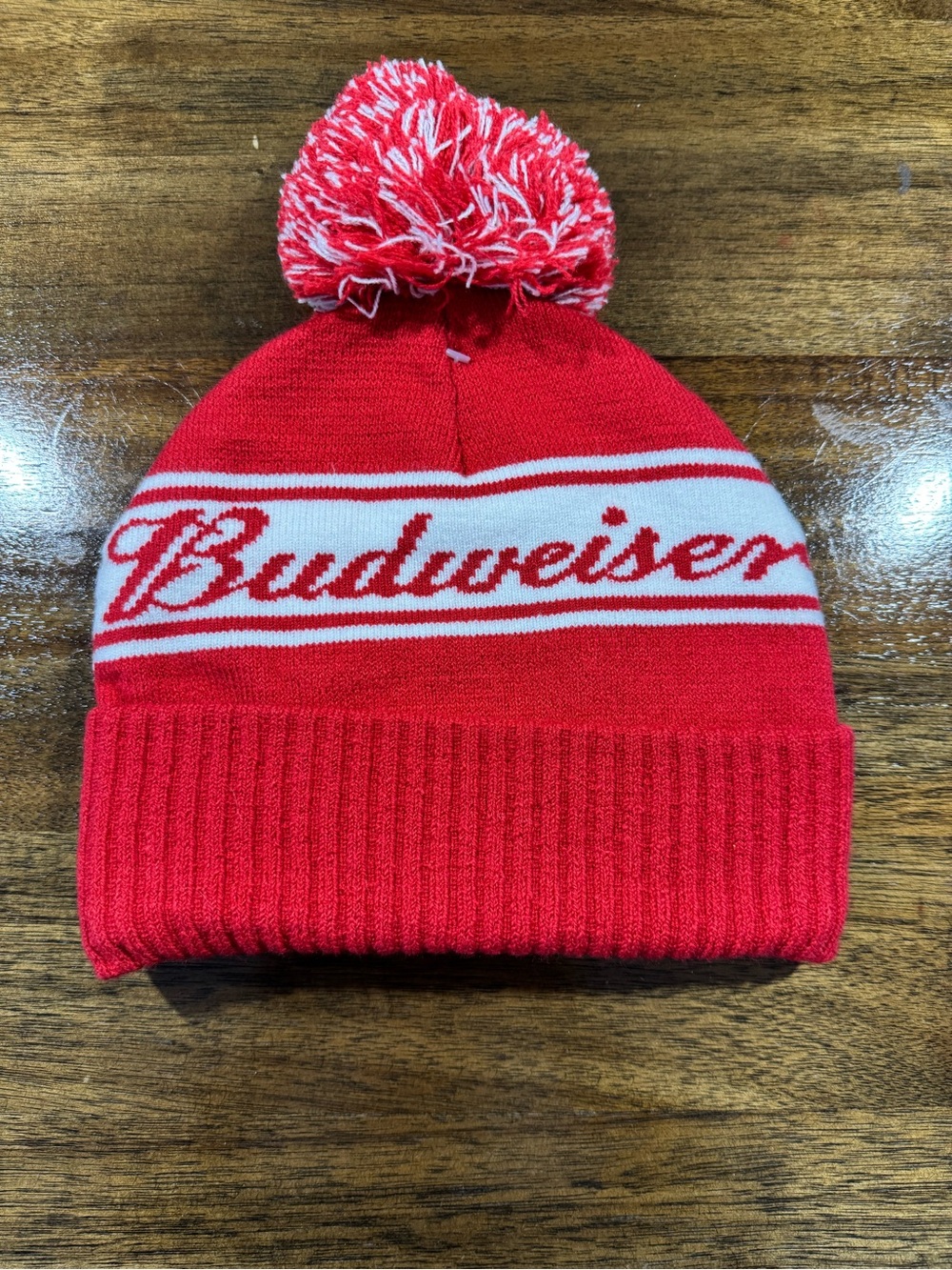 Source Unknown Budweiser Red and White Pom Beanie